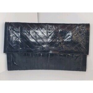 Vintage EEL Skin Leather Clutch Black Slim Envelope Style Purse 10 in x 6 Korea